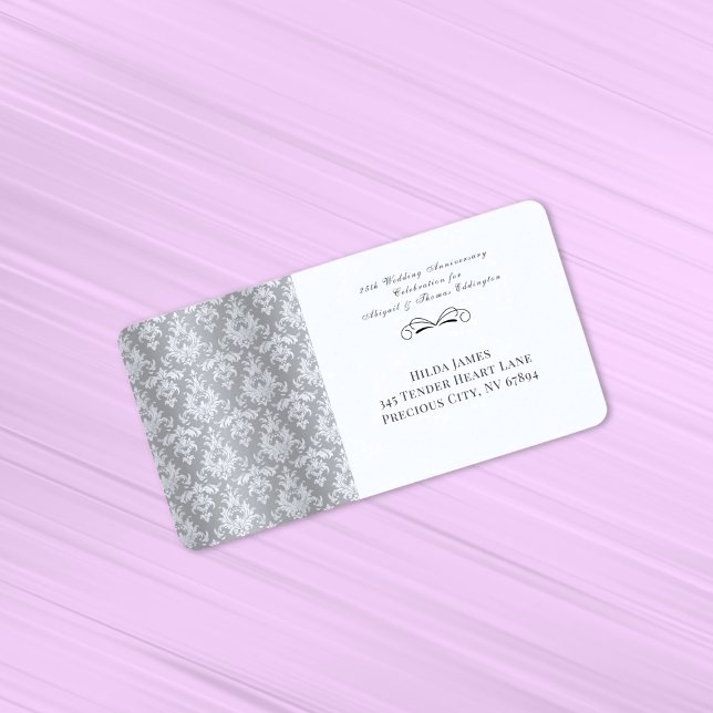 Étiquette Argent Damask 25e anniversaire Mariage (Silver Damask 25th Wedding Anniversary Return Address Label)