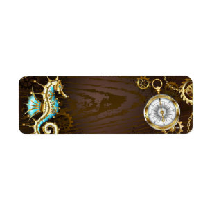 Étiquette Arrière - plan en bois avec cheval de mer mécaniqu