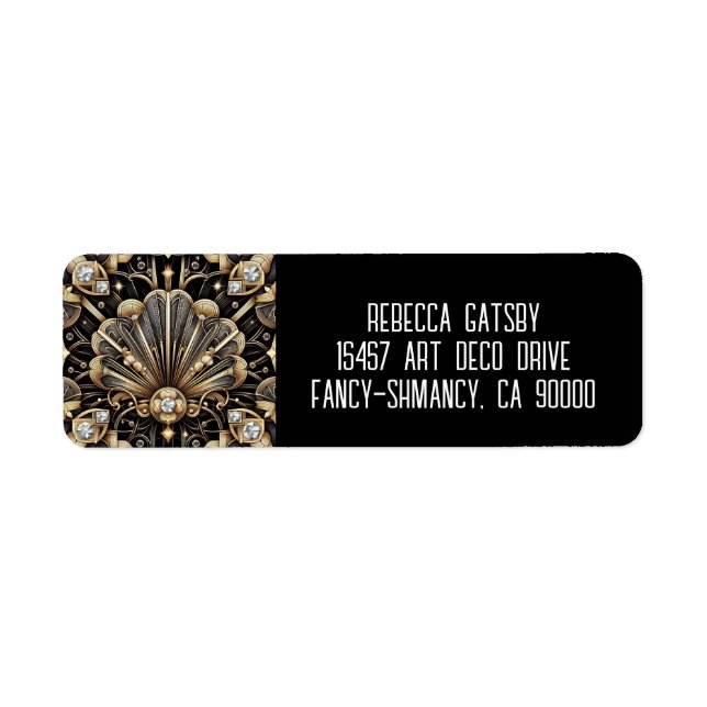 Étiquette Art Déco Noir & Or Diamant Adresse de l'expéditeur (Devant)