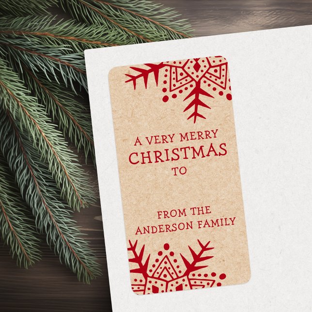 Étiquette Art folklorique fantaisie flocon de neige Kraft à  (Whimsical folk art snowflake Kraft to from gift Label)