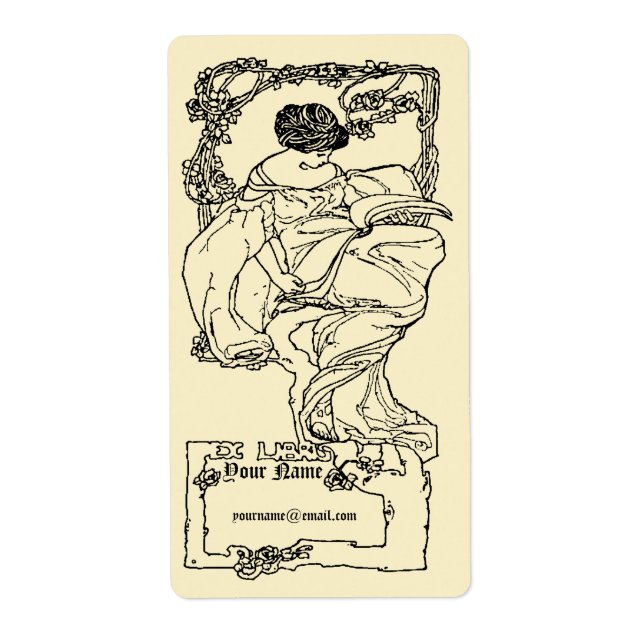 Étiquette Art Nouveau Ex Libris Girl & Book On Rose Modèle (Devant)