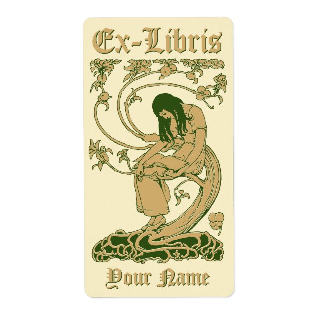 Étiquette Art Nouveau Ex Libris Lady Book Tree Modèle (Devant)