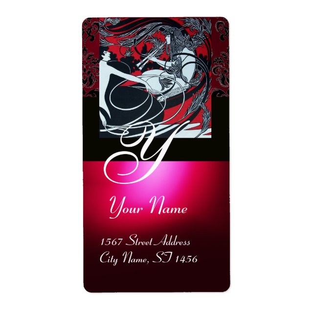 Étiquette ART NOUVEAU OR NOIR ROUGE DOMMASQUE MONOGRAM, rubi (Devant)