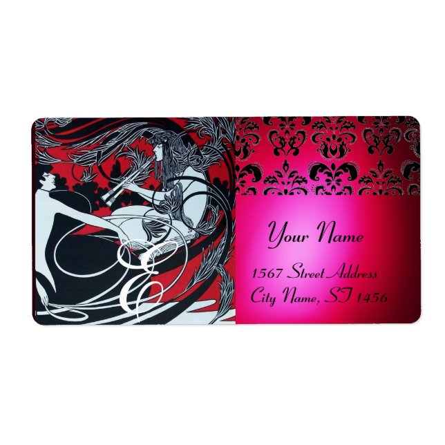 Étiquette ART NOUVEAU OR NOIR ROUGE DOMMASQUE MONOGRAM, rubi (Devant)