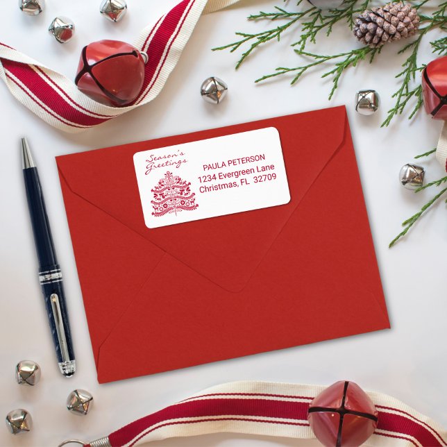 Étiquette Art populaire scandinave rouge Arbre de Noël nordi (Créateur téléchargé)