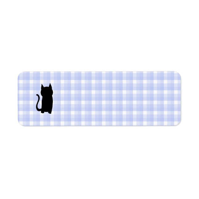 Étiquette Assis Noir Chat Silhouette. Sur chèque bleu pâle. (Devant)