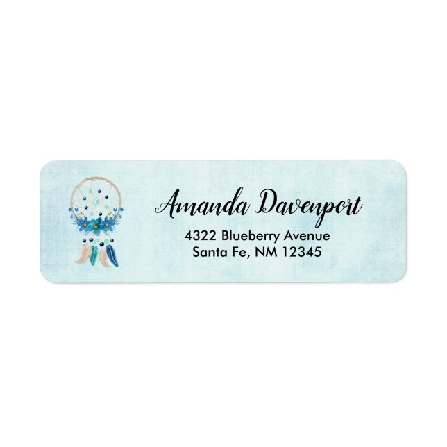 Étiquette Attrape-rêve bleu design bohème chic (Devant)