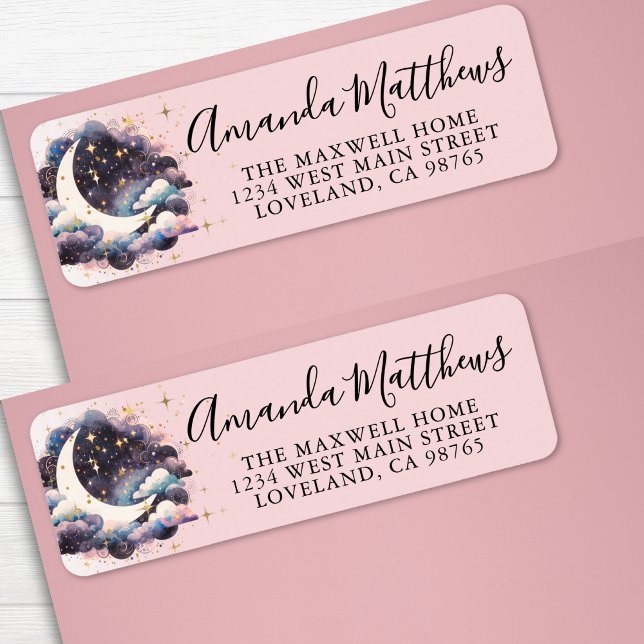 Étiquette Au-Dessus De La Lune Rose Girl Baby shower Adresse (Over The Moon Pink Girl Baby Shower Return Address label )