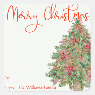 Étiquette Autocollante Cadeau Arbre Rustique Joyeu