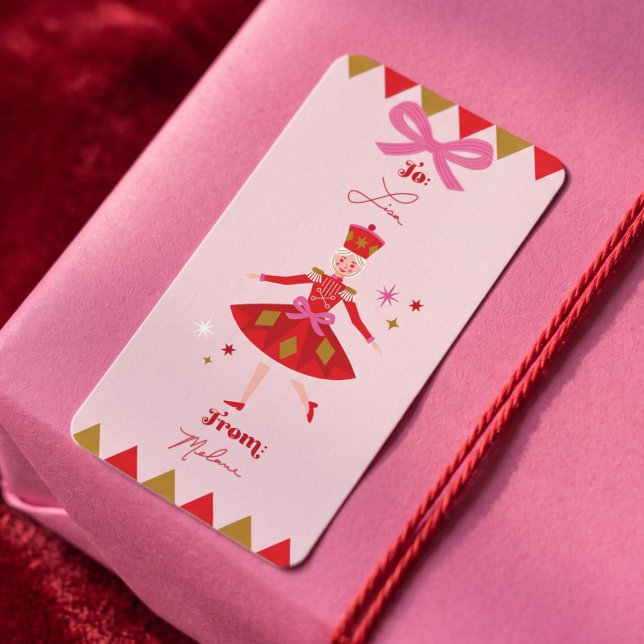 Étiquette Autocollants de Noël Casse-Noisette Ballet Vers/De (Nutcracker Ballet To/From Pink Christmas Gift Label)