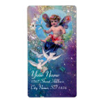 Étiquette BABY FAIRY WITH DOVES IN SPARKLES blue green gold<br><div class="desc">Elegant , funny and whimsical design rielaborated from vintage with watercolor painting golden and silver foil.</div>