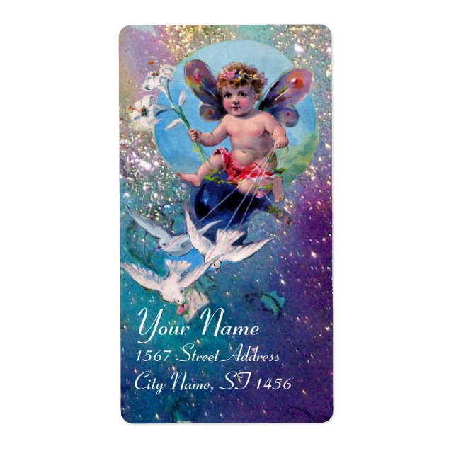 Étiquette BABY FAIRY WITH DOVES IN SPARKLES blue green gold (Devant)