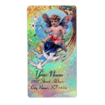 Étiquette BABY FAIRY WITH DOVES IN SPARKLES blue green gold<br><div class="desc">Elegant , funny and whimsical design rielaborated from vintage with watercolor painting golden and silver foil.</div>