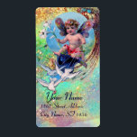 Étiquette BABY FAIRY WITH DOVES IN SPARKLES blue green gold<br><div class="desc">Elegant , funny and whimsical design rielaborated from vintage with watercolor painting golden and silver foil.</div>