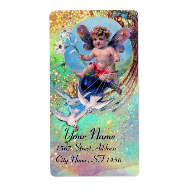 Étiquette BABY FAIRY WITH DOVES IN SPARKLES blue green gold (Devant)