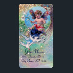 Étiquette BABY FAIRY WITH DOVES IN SPARKLES blue green gold<br><div class="desc">Elegant , funny and whimsical design rielaborated from vintage with watercolor painting golden and silver foil.</div>