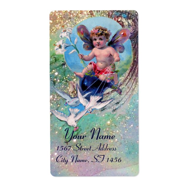 Étiquette BABY FAIRY WITH DOVES IN SPARKLES blue green gold (Devant)