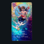 Étiquette BABY FAIRY WITH DOVES IN SPARKLES blue green gold<br><div class="desc">Elegant , funny and whimsical design rielaborated from vintage with watercolor painting golden and silver foil.</div>