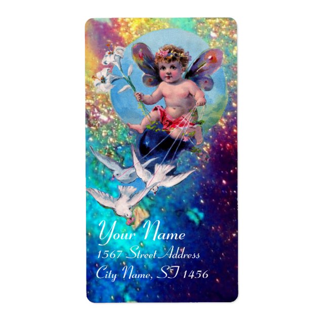 Étiquette BABY FAIRY WITH DOVES IN SPARKLES blue green gold (Devant)