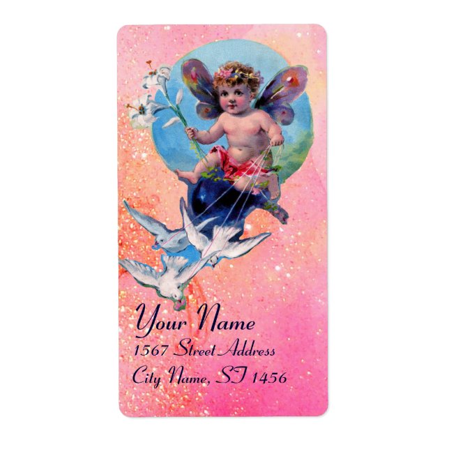 Étiquette BABY FAIRY WITH DOVES IN SPARKLES ,pink blue (Devant)