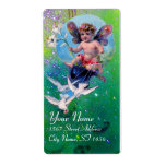 Étiquette BABY FAIRY WITH DOVES IN SPARKLES violet green<br><div class="desc">Elegant , funny and whimsical design rielaborated from vintage with watercolor painting golden and silver foil.</div>