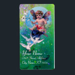 Étiquette BABY FAIRY WITH DOVES IN SPARKLES violet green<br><div class="desc">Elegant , funny and whimsical design rielaborated from vintage with watercolor painting golden and silver foil.</div>