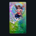 Étiquette BABY FAIRY WITH DOVES IN SPARKLES violet green<br><div class="desc">Elegant , funny and whimsical design rielaborated from vintage with watercolor painting golden and silver foil.</div>