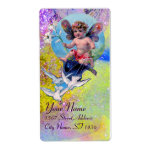 Étiquette BABY FAIRY WITH DOVES IN SPARKLES violet yellow<br><div class="desc">Elegant , funny and whimsical design rielaborated from vintage with watercolor painting golden and silver foil.</div>