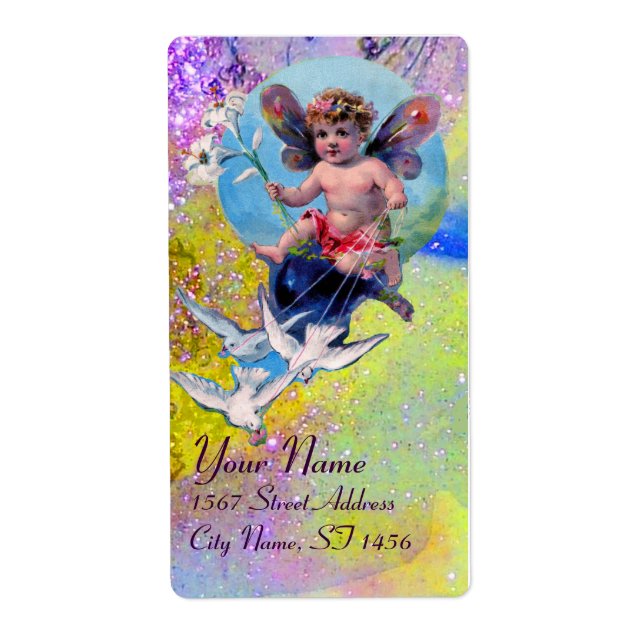 Étiquette BABY FAIRY WITH DOVES IN SPARKLES violet yellow (Devant)