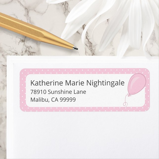 Étiquette Baby Girl Baby shower rose Polka adresse (Pink Polka Dot Baby Girl Baby Shower Return Address Label with Balloon.)