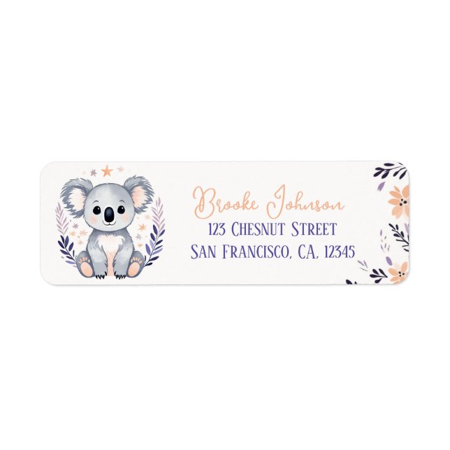 Étiquette Baby Koala Boho Floral Design - Adresse de retour (Devant)