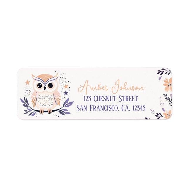 Étiquette Baby Owl Boho Peach Lavender Design floral - (Devant)