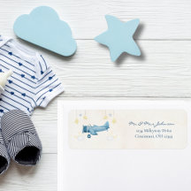 Baby Shower Airplane Clouds Stars Cute Blue Modern