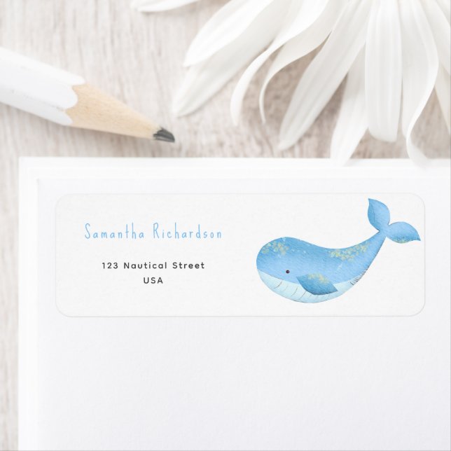 Étiquette Baby shower baleine aquarelle (En situation)