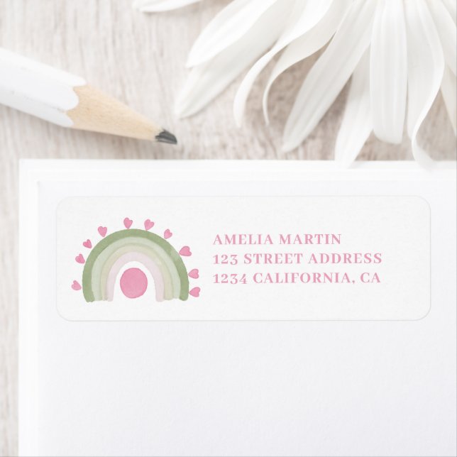 Étiquette Baby shower de soleil arc-en-ciel rose vert boho (En situation)