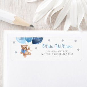 Étiquette Baby shower d'ours en peluche bleu argenté Adresse