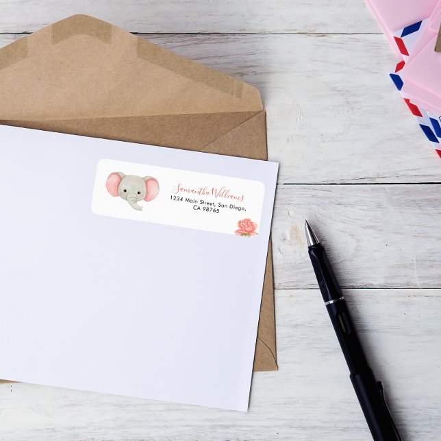 Étiquette Baby shower floral rose Elephant Adresse de retour (Créateur téléchargé)
