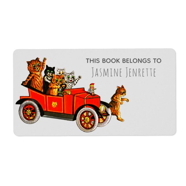 Étiquette Baby Shower Funny Cartoon Cats Retro Car Purple (Devant)