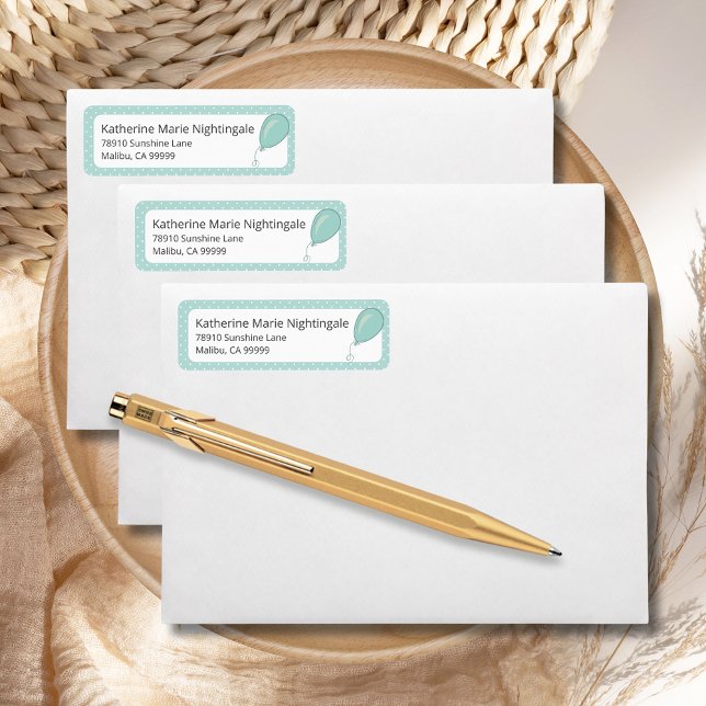 Étiquette Baby shower Genre Neutre Monnaie Vert BOHO (Baby Shower Mint Green Gender-Neutral Return Address Label with white polka dots, balloon.)