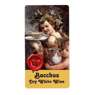 ÉTIQUETTE BACCHUS AUX RAISINS ET SCEAU DE CIRE ROUGE DE VIN