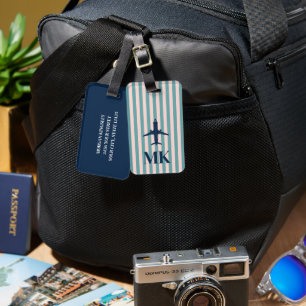 Étiquette bagage Monogramme Rayée Avion Bleu Marin