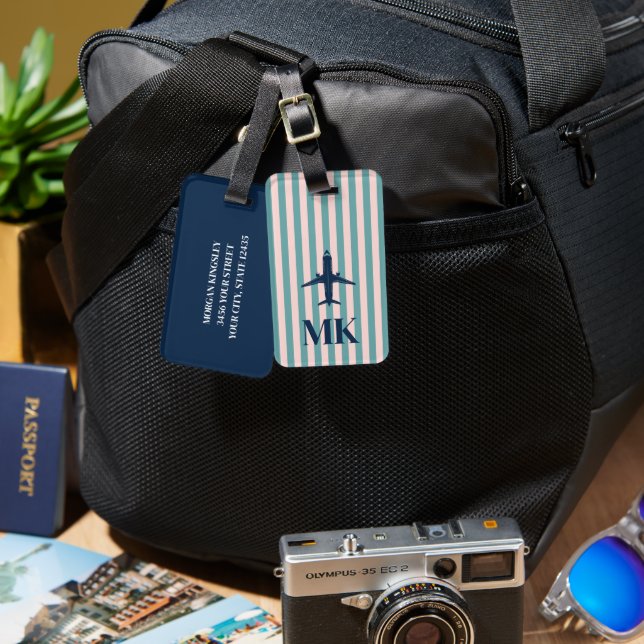 Étiquette bagage Monogramme Rayée Avion Bleu Marin (Recto & Verso)