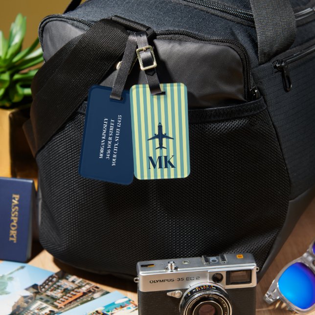 Étiquette bagage monogrammée rayée avion bleu mari (Recto & Verso)