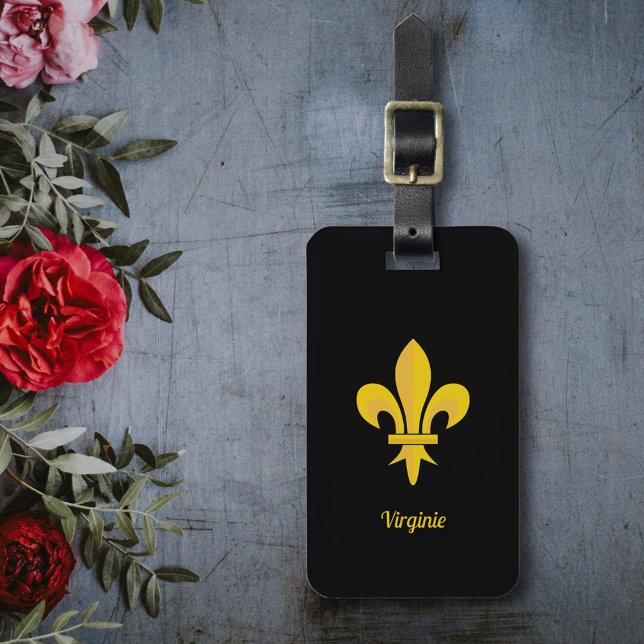 Étiquette bagage noire avec Fleur de Lys Or (Black Luggage Tag with a Gold Fleur de Lis)