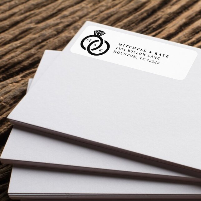 Étiquette Bague de mariage à diamant blanc et noir Monogramm (White & Black Diamond Ring Monogram Wedding Label)