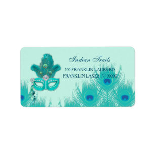 Étiquette Bal masqué de paon aux plumes turquoise