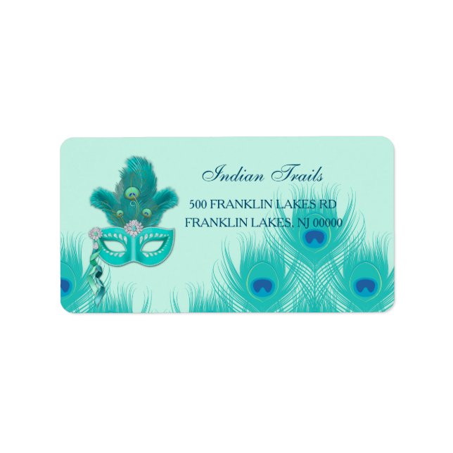 Étiquette Bal masqué de paon aux plumes turquoise (Devant)