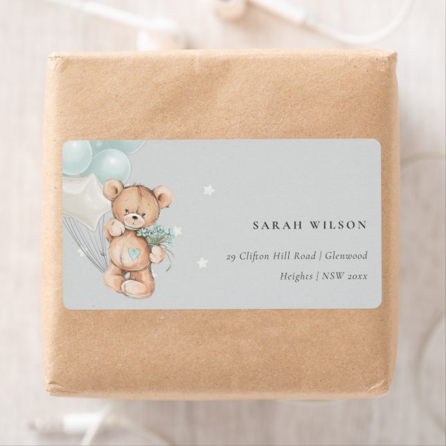 Étiquette Balloon à ours bleu gris Flore Bunch Adresse cardi (En situation)