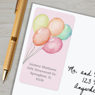 Étiquette Balloons Girl Baby shower rose Adresse de retour