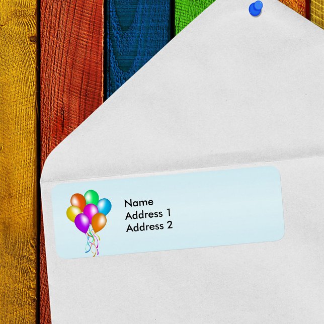 Étiquette Bande de ballons colorée et brillante (Bright bunch colourful balloons streamers on blue return address labels.)